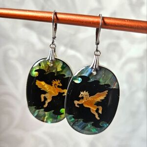 Vintage Abalone Shell Resin Dipped Pegasus Flying Horse Dangle Earrings